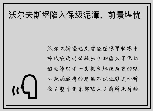 沃尔夫斯堡陷入保级泥潭，前景堪忧