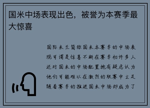 国米中场表现出色，被誉为本赛季最大惊喜