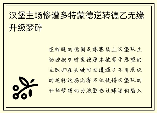 汉堡主场惨遭多特蒙德逆转德乙无缘升级梦碎